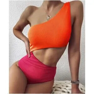 One Shoulder Color Block Monokini One Piece Swim